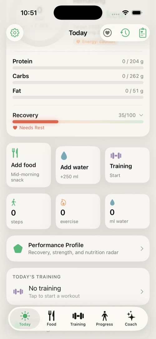 Energy ring, quick actions and daily stats.