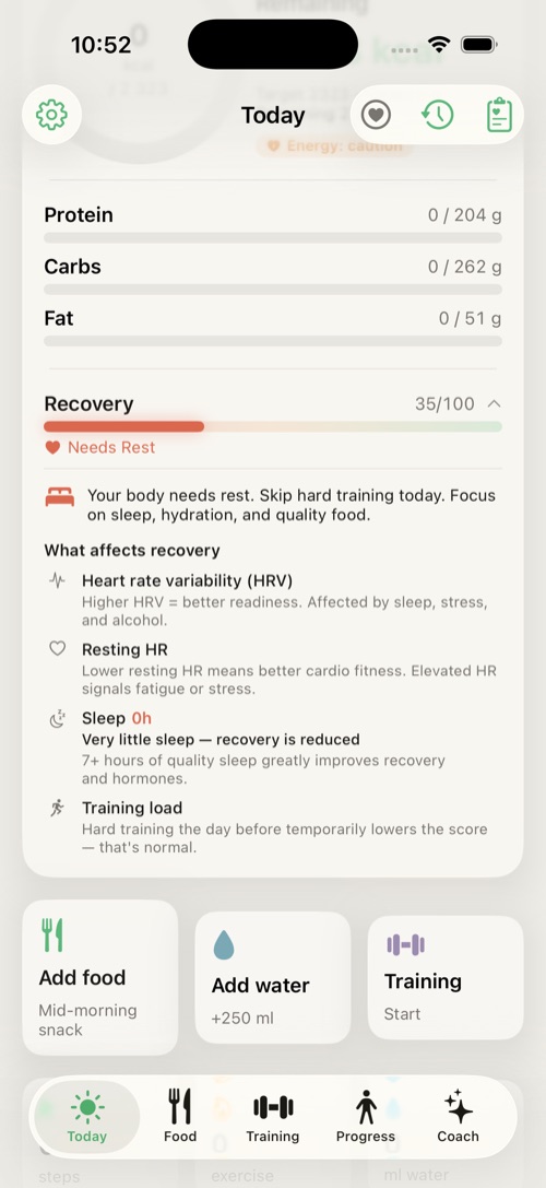 The expanded recovery bar with per-metric explanations.