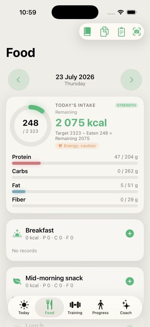 A logged day: totals card and meal sections.
