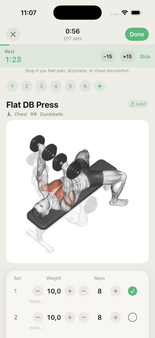 The active workout screen with rest timer.