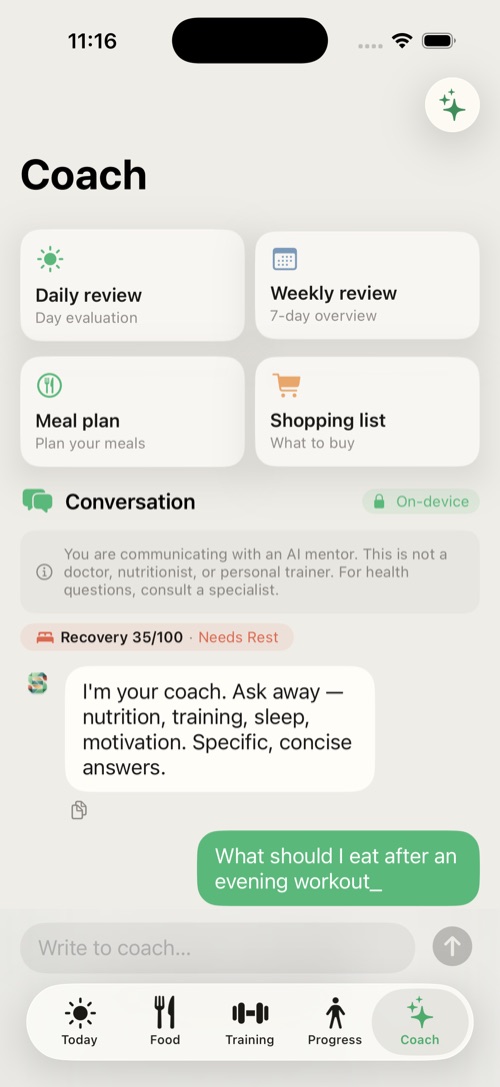 Chatting with the mentor — the “On-device” lock badge (top right) means the reply runs on the device.