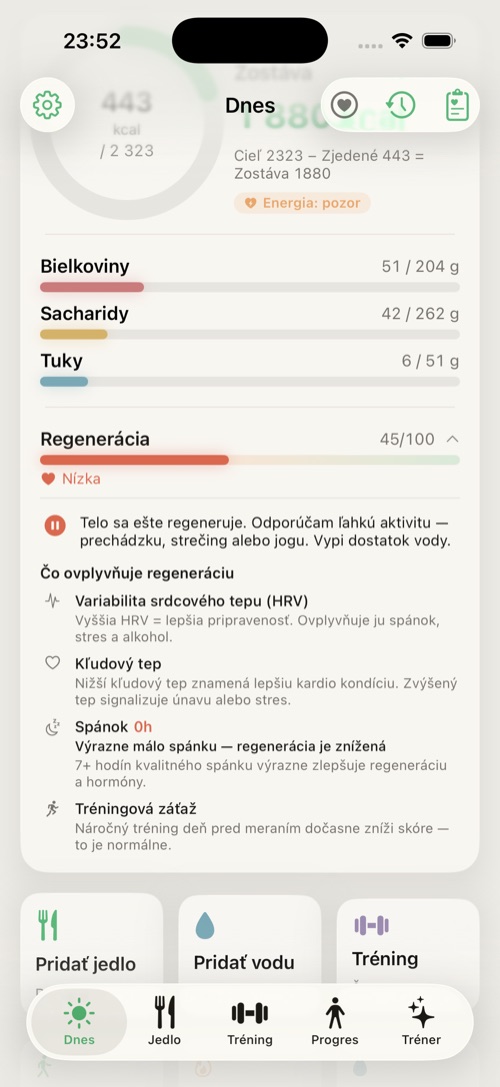 Rozbalená lišta regenerácie s vysvetleniami jednotlivých metrík.