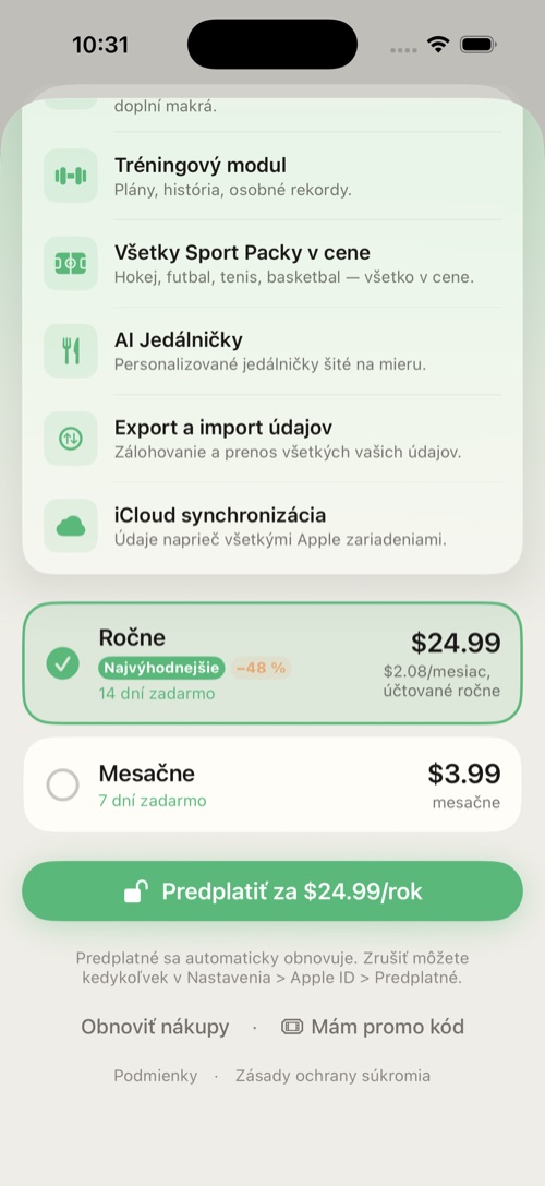 Obrazovka predplatného.